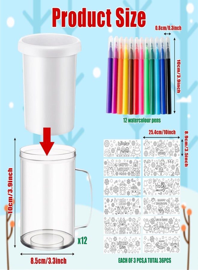 JAPBOR Winter Color Your Own Mugs - 12 Set DIY Christmas Coloring Cups Craft for Kids, 10 oz Xmas Coffee Mugs with 36 Insert Paper and 12 Color Pen for School Class Winter Holiday Party Supplies - Image 2